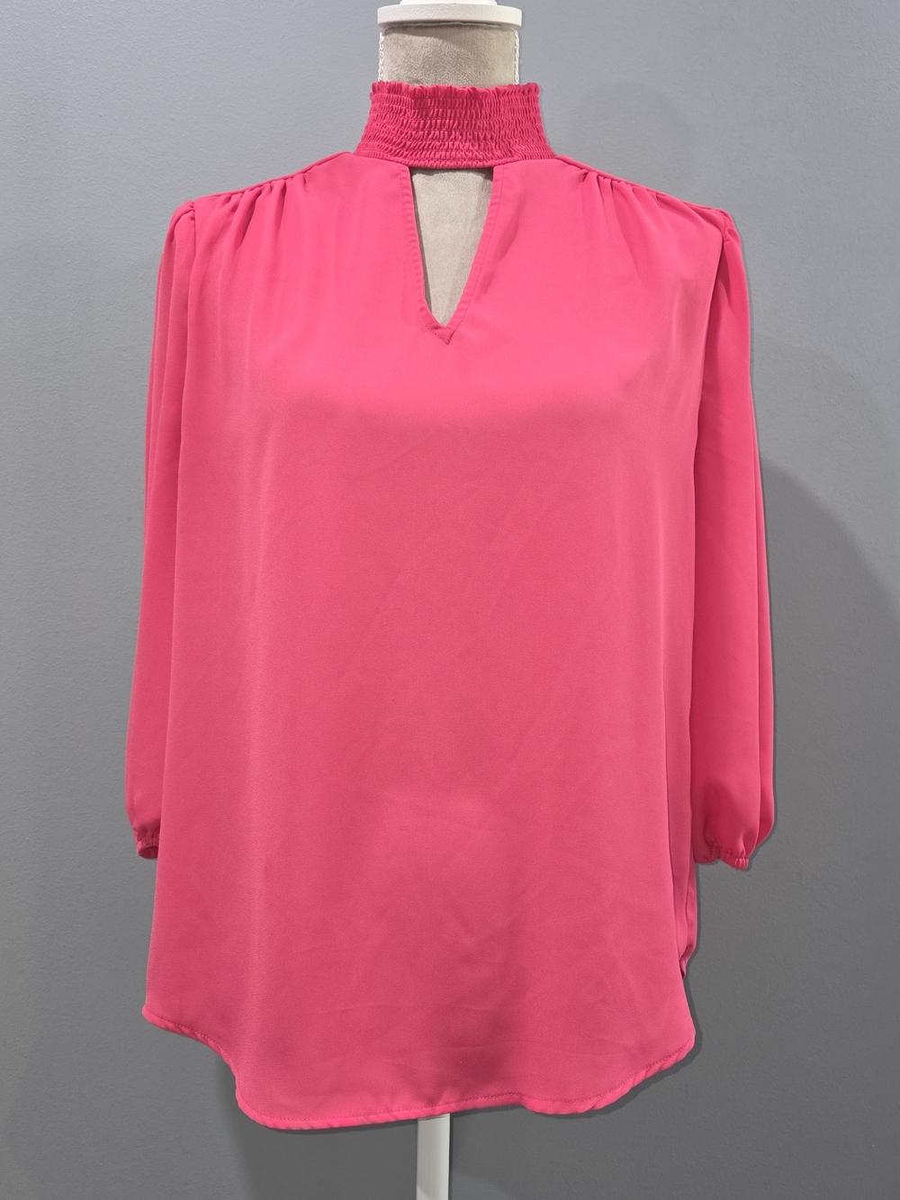 7th Ave by NY & Co Pink Blouse w/Smocked High Neckline and Front Keyhole - S